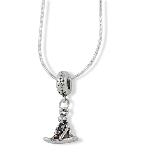 Snowboarder with Red Snowboard Charm Snake Chain Necklace - Picture 1 of 4